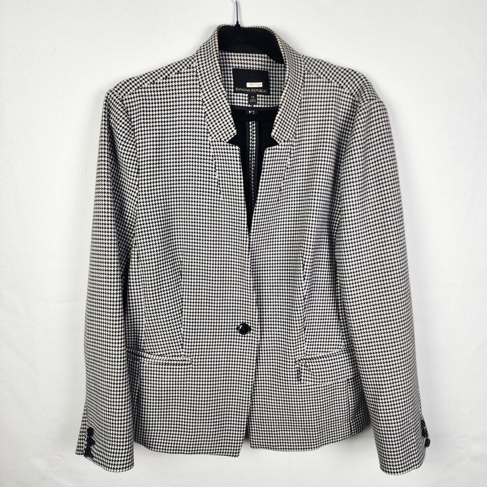 Banana Republic Ponte Houndstooth Black One Button Fitted Blazer Size 14 Preppy